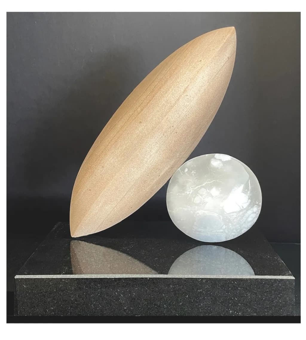 EMERGENCE: Portuguese Pink Marble and Alabaster Sculpture on Black Granite Base - A Harmonious Exploration of Natural Forms and Transformation - 18 x 12 inches