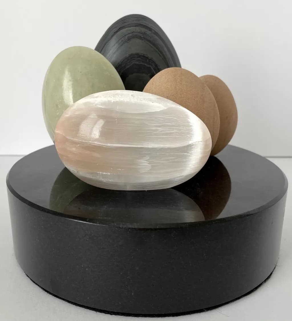 NATURAL HARMONY  
Selenite, Green Marble, and Brown Stone set on a black Granite base  
Symbolizing unity and diversity in nature's forms  
12 x 12 inches  
#davidkomar #modern #contemporary #sculpture