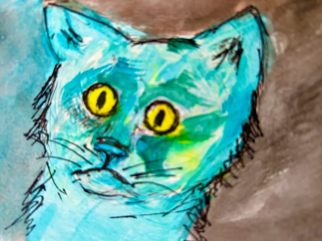 Whimsical Blue Cat with Striking Yellow Eyes: A Playful Artistic Expression