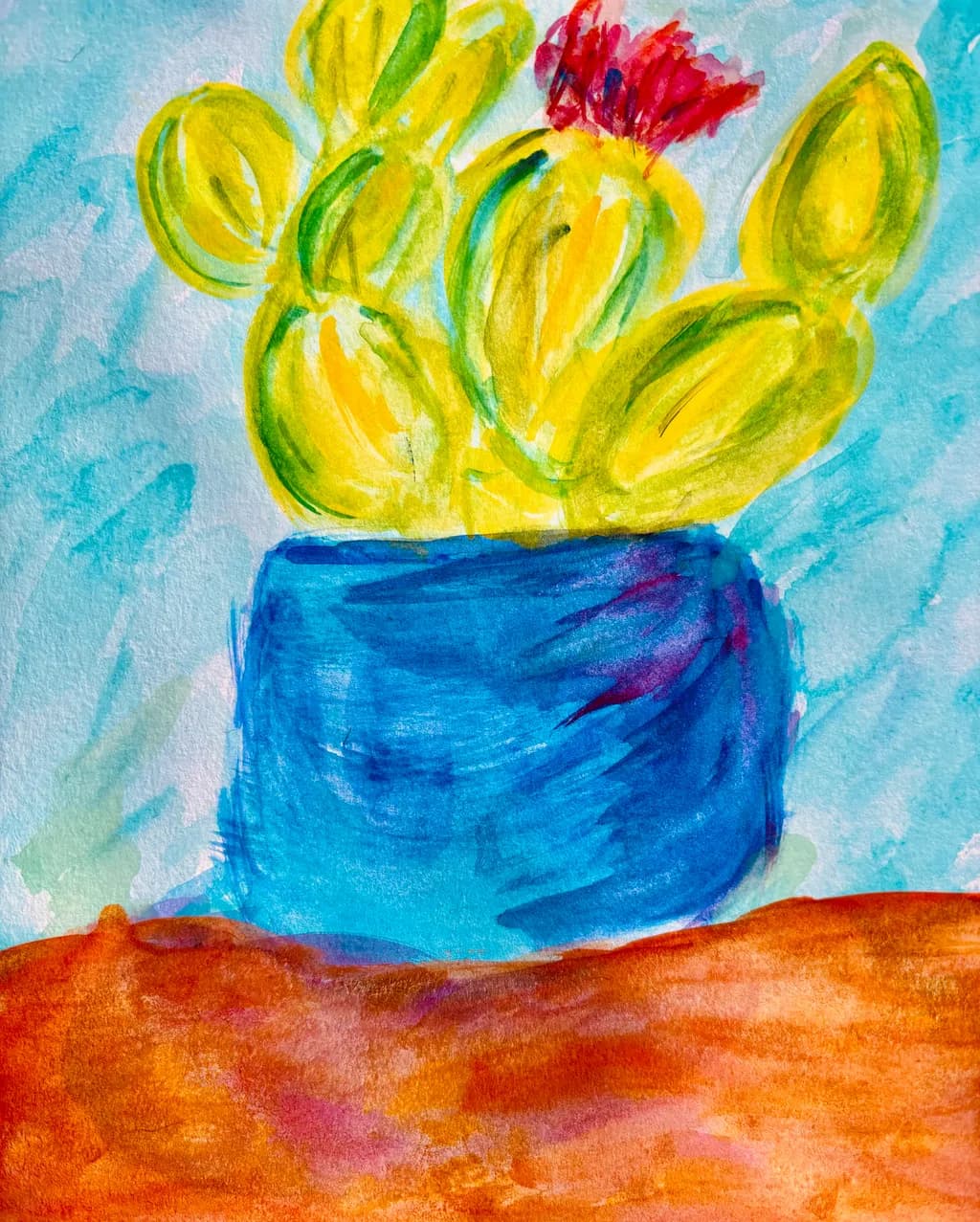 Vibrant Cactus Harmony: A Colorful Watercolor Delight in Blue and Orange
