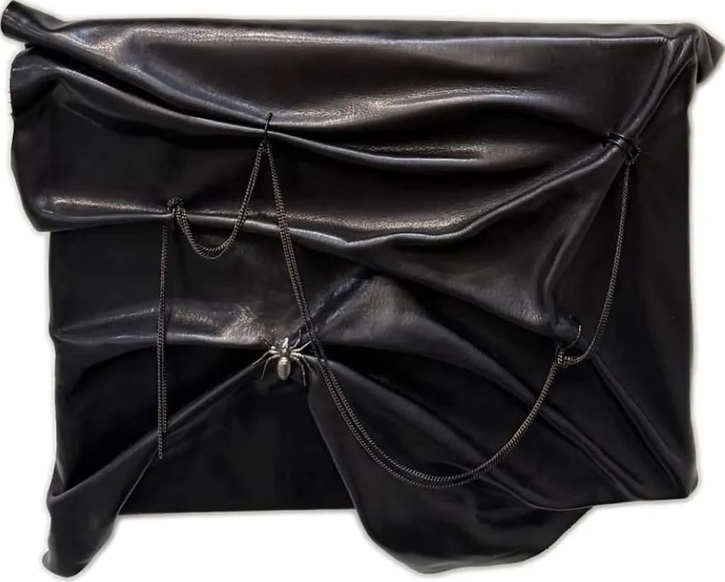 LUXE SPIDER: Hand-Ruched Black Leather Sculpture with Edgy Chain Detail – A Bold Statement for the Fearless Collector!