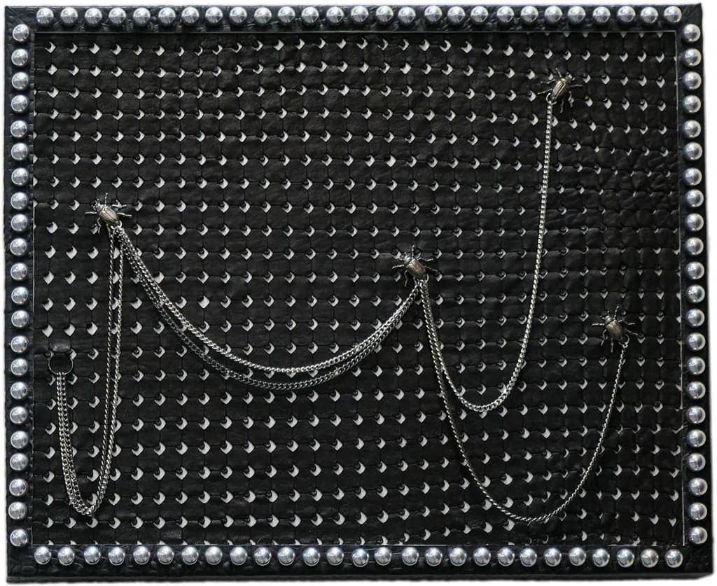 LUXE CHAINS: Hand-Studded Black Leather Wall Art with Edgy Metallic Accents and Intricate Spider Motifs - 24x36x1.50"