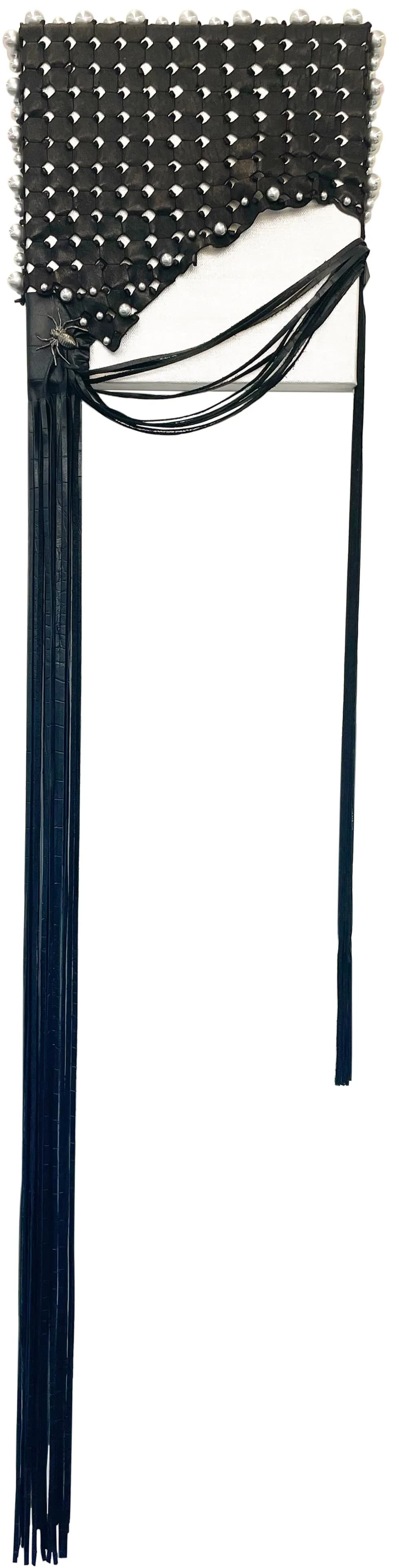 LUXE EDGE: HAND-STUDDED BLACK LEATHER WALL ART WITH DRAMATIC FRINGE AND SCULPTURAL DETAILING