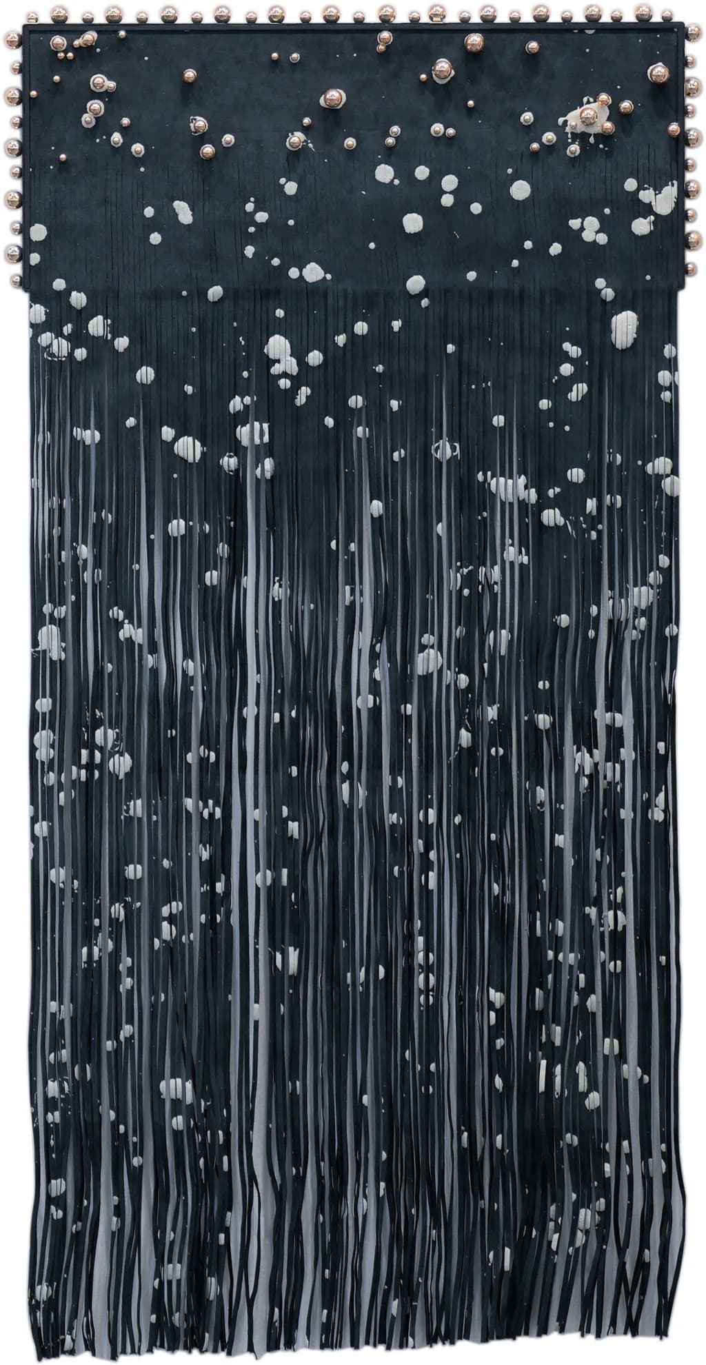 LUXE FRINGE: Hand-Ruched Black Leather with Devorė Leopard Spots and Chrome Sphere Accents – A Bold Statement Piece for the Edgy Collector, 30x50x1.50"
