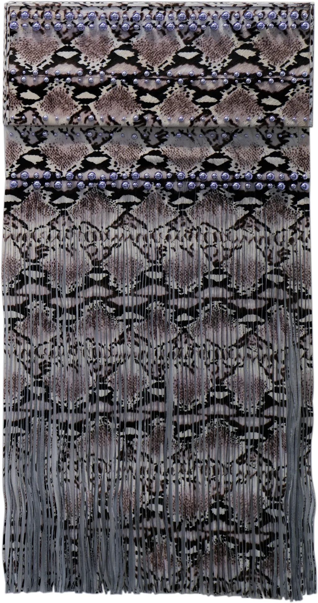 LUXE LEOPARD FRINGE: Hand-Ruched Italian Leather with Chrome Studs – A Bold Statement Piece for the Edgy Collector, 22x40x1.50"