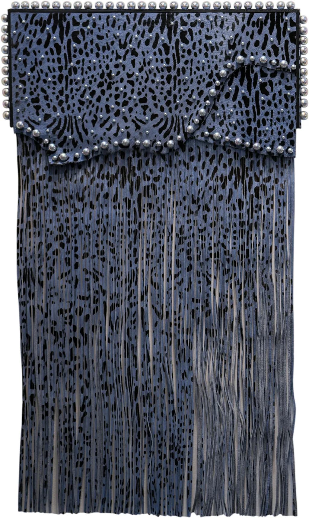 LUXE FRINGE: A BOLD STATEMENT IN TEXTURED BLUE LEATHER WITH HAND-STUDDED DETAILING AND EDGY ELEGANCE.