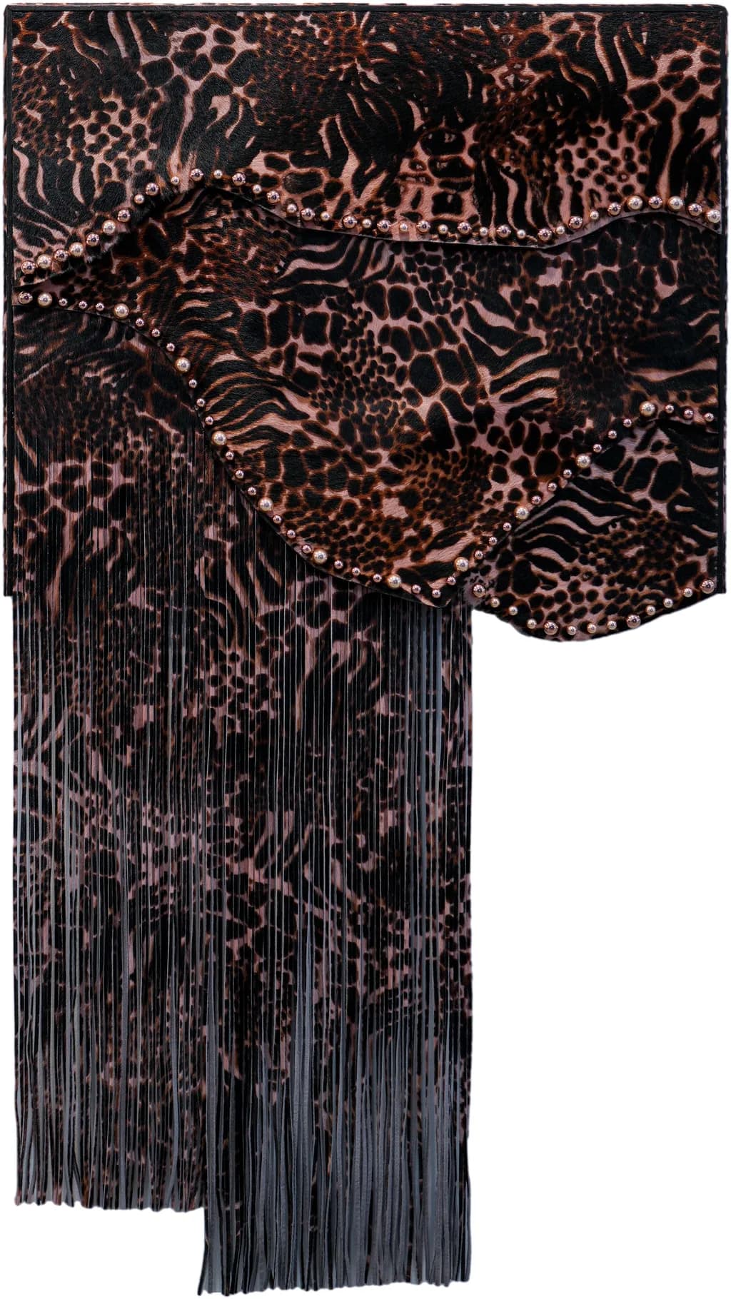 LUXE LEOPARD FRINGE: Hand-Ruched Italian Leather with Chrome Studs – A Bold Statement Piece for the Edgy Collector, 30x50x2.00"