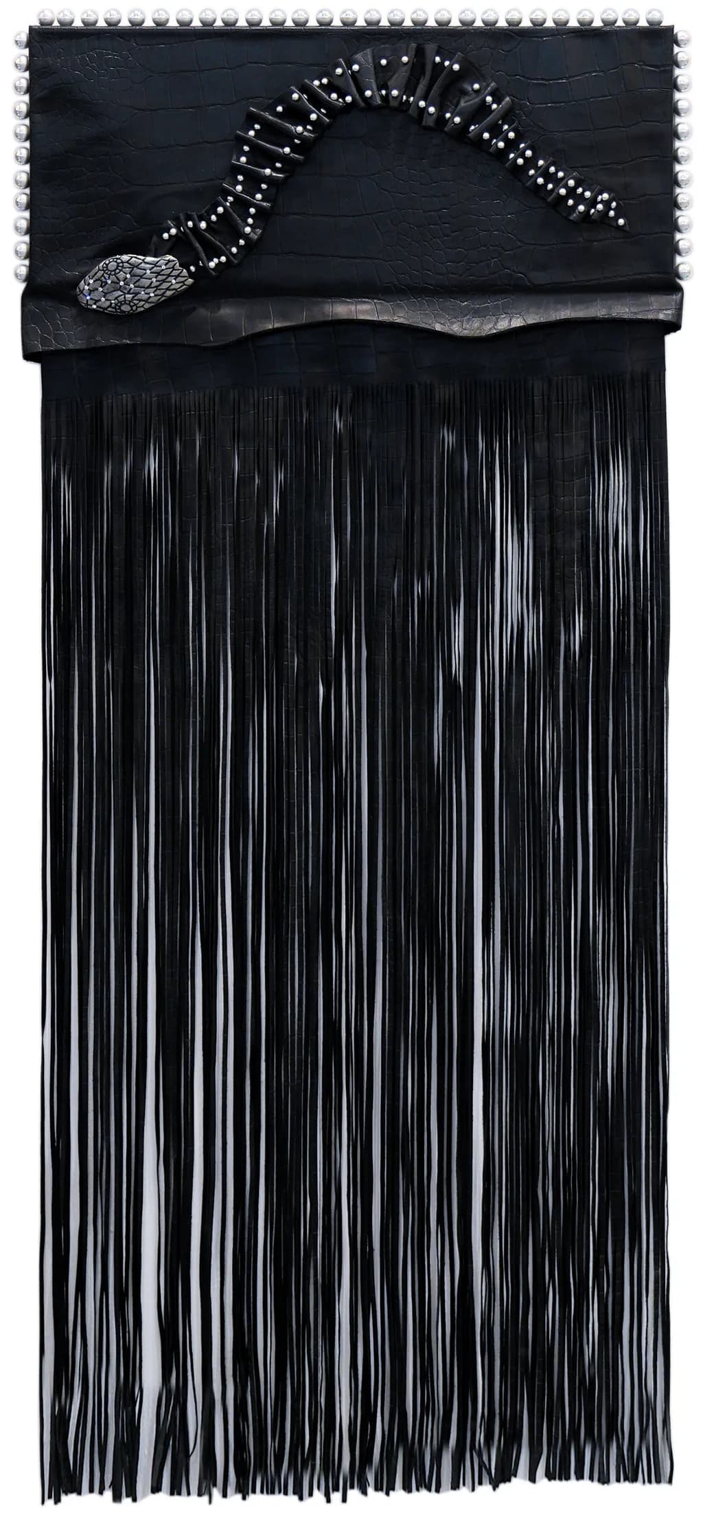 LUXE FRINGE: Hand-Stitched Black Leather Wall Art with Edgy Elegance and Chrome Accents for Bold Interiors