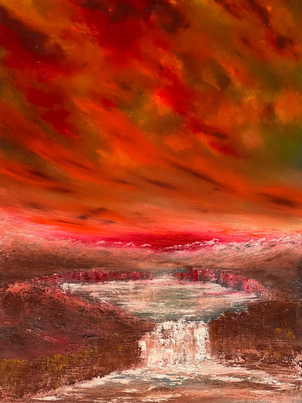 Ethereal Cascade: A Dance of Fiery Skies and Serene Waters