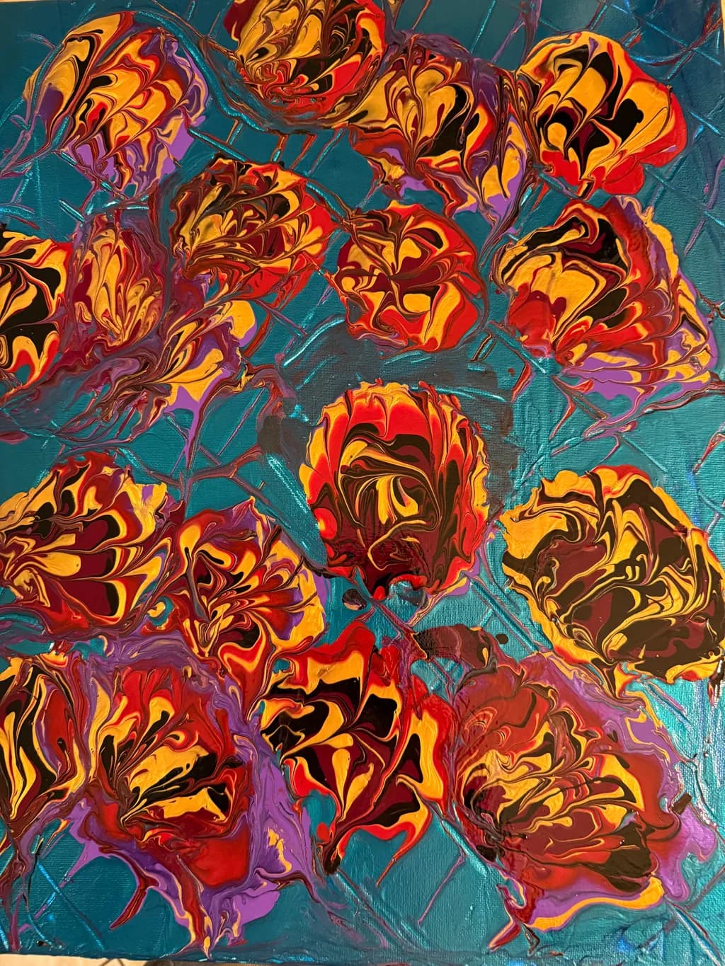 Vibrant Whirls: A Dance of Colorful Roses on Turquoise Canvas