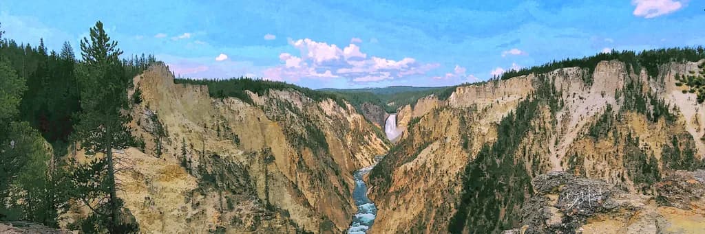 Majestic Serenity: A Panoramic View of Yellowstone's Grand Canyon and Waterfall