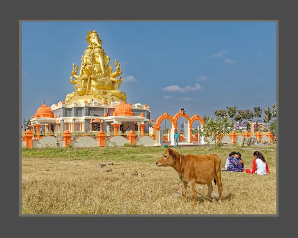 Golden Serenity: A Majestic Temple Scene with Sacred Cow and Devotees in Harmony
