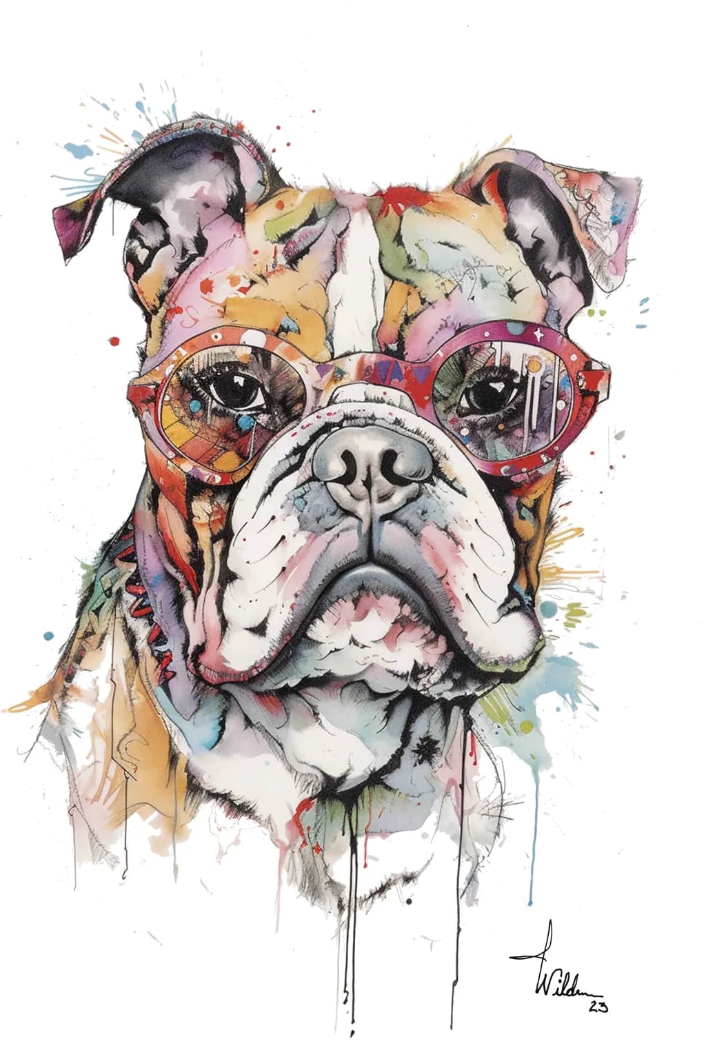 Chic Canine: A Colorful Portrait of a Bulldog in Stylish Sunglasses