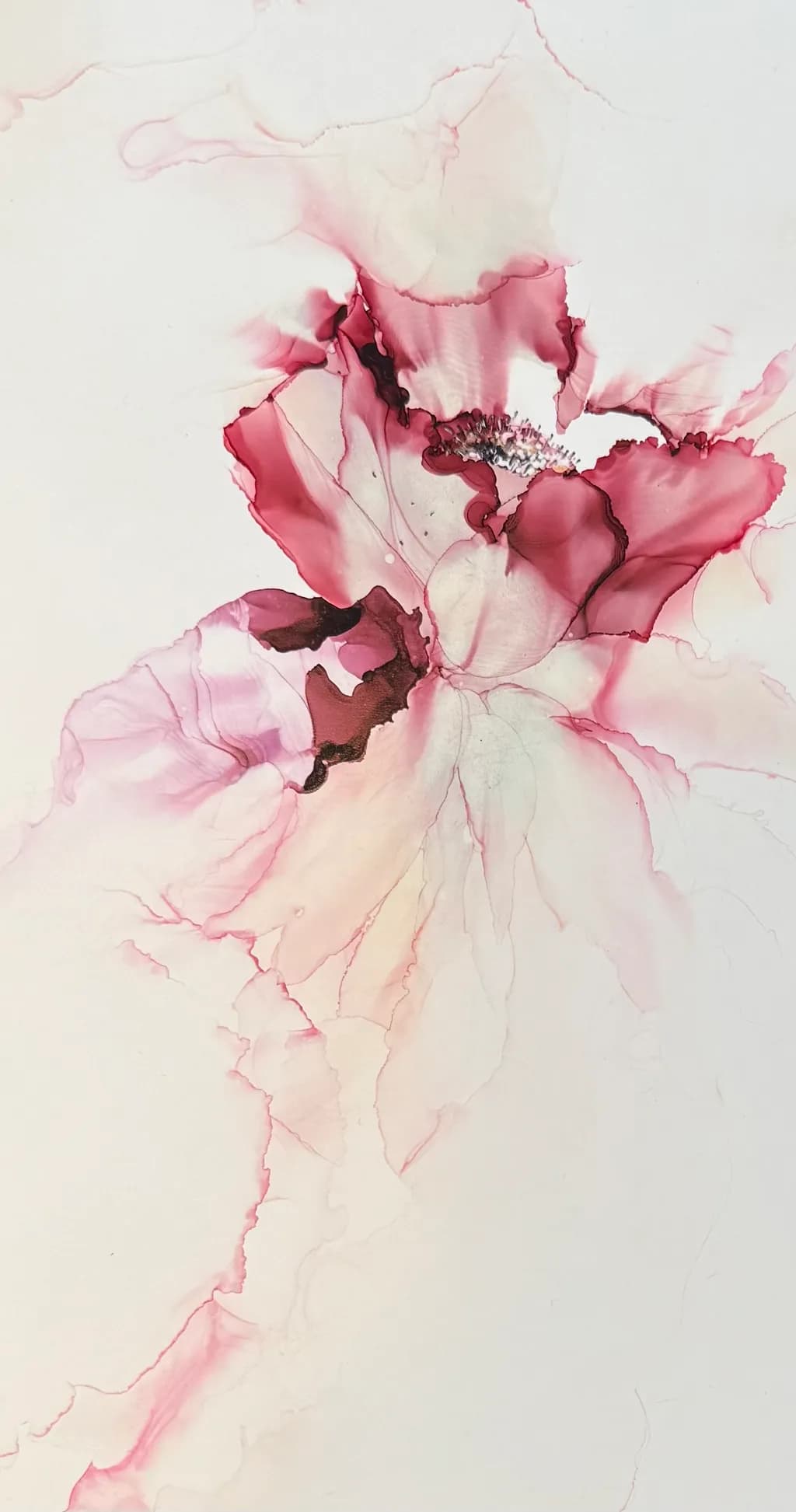 Whispers of Petals: A Delicate Dance of Pink and Red in Alcohol Ink Art