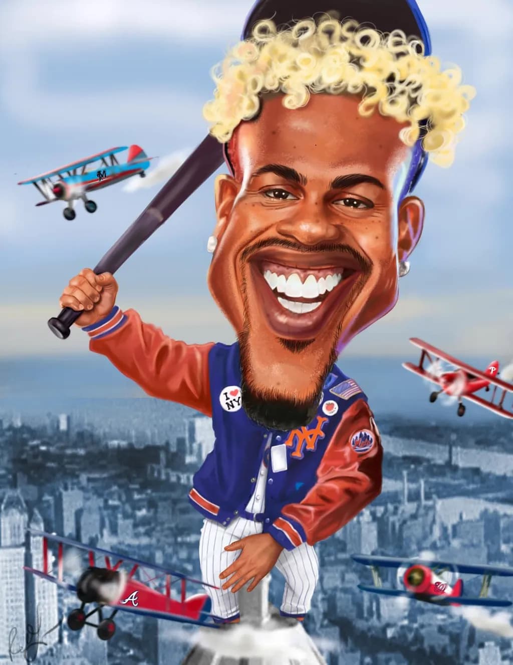 Skyline Smiles: A Playful Caricature of Baseball Dreams and Aviation Adventures