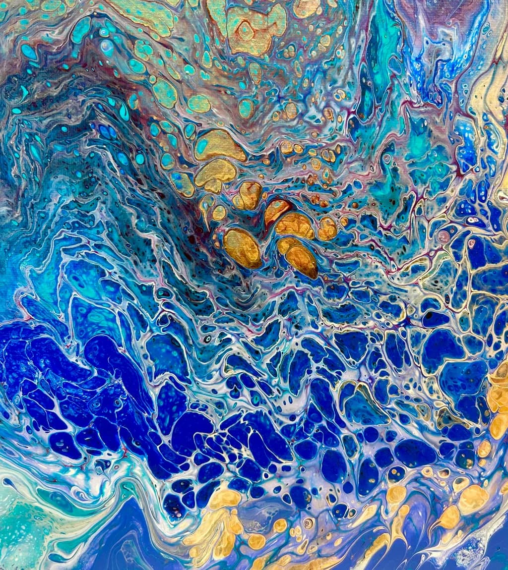 Whispers of the Ocean: A Dance of Blues and Golds in Fluid Harmony
