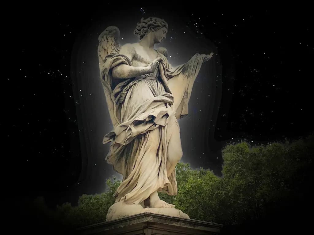 Ethereal Guardian: A Serene Night with the Angel Statue