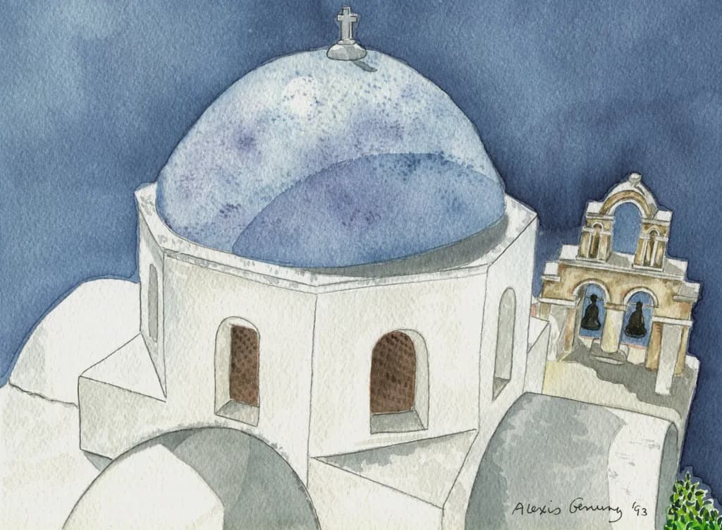 Whispers of Blue: A Serene Watercolor Landscape of Architectural Elegance