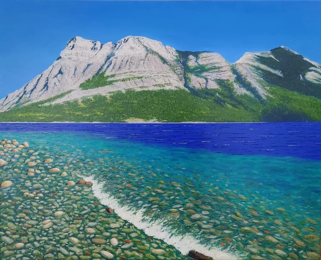 Serenity by the Shore: A Majestic Mountain Reflection in Crystal Waters