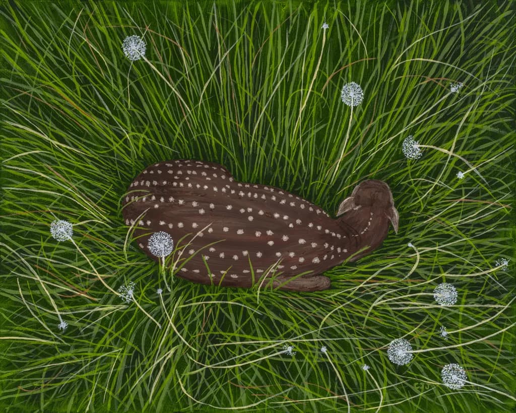 Whispers of Nature: A Fawn's Rest Amidst Dandelions and Grass