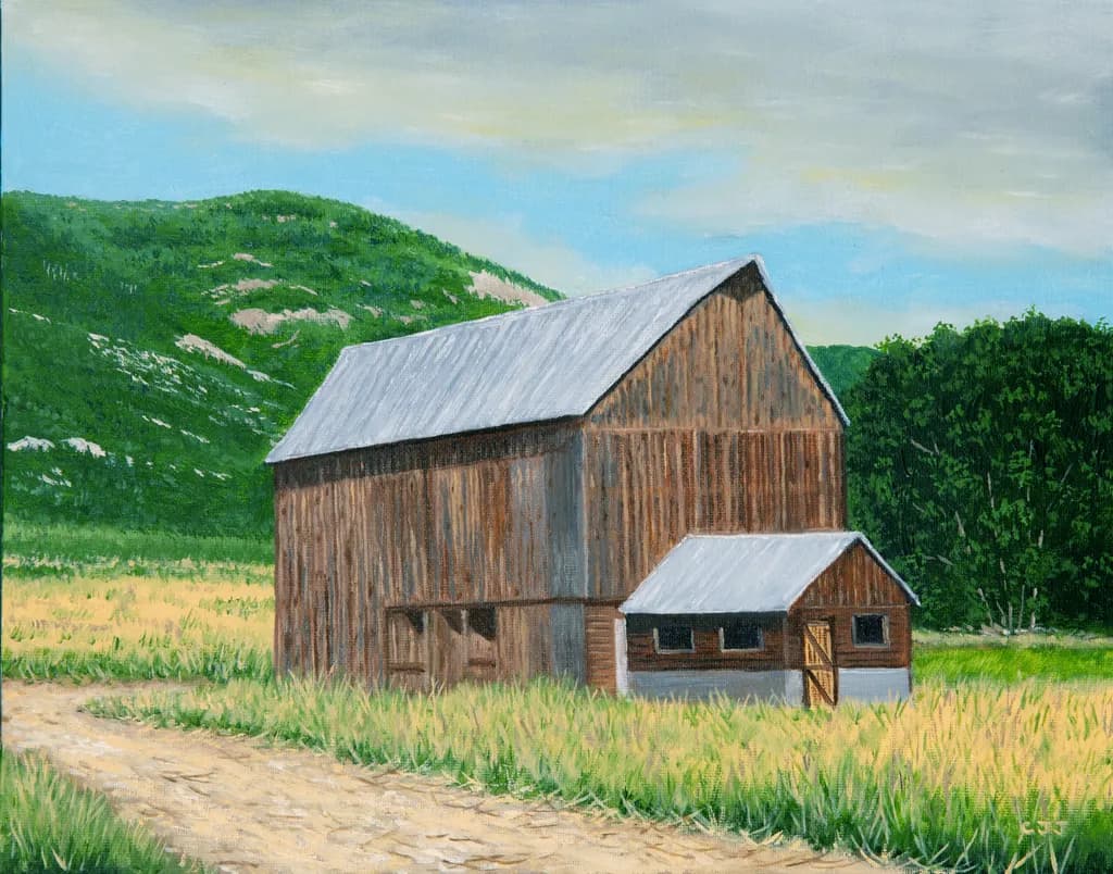 Rustic Serenity: A Tranquil Barn Landscape Amidst Lush Green Fields and Rolling Hills
