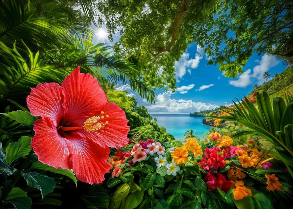 Tropical Serenity: A Vibrant Hibiscus Oasis by the Tranquil Sea