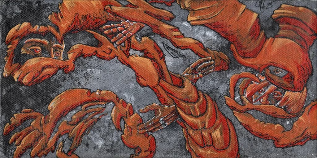 Entangled Visions: A Dance of Hands and Faces in Fiery Hues