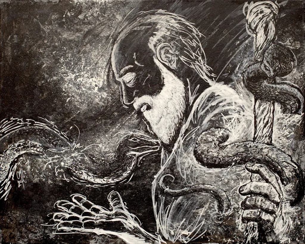 Whispers of Wisdom: The Serpent's Embrace in Ancient Gesture