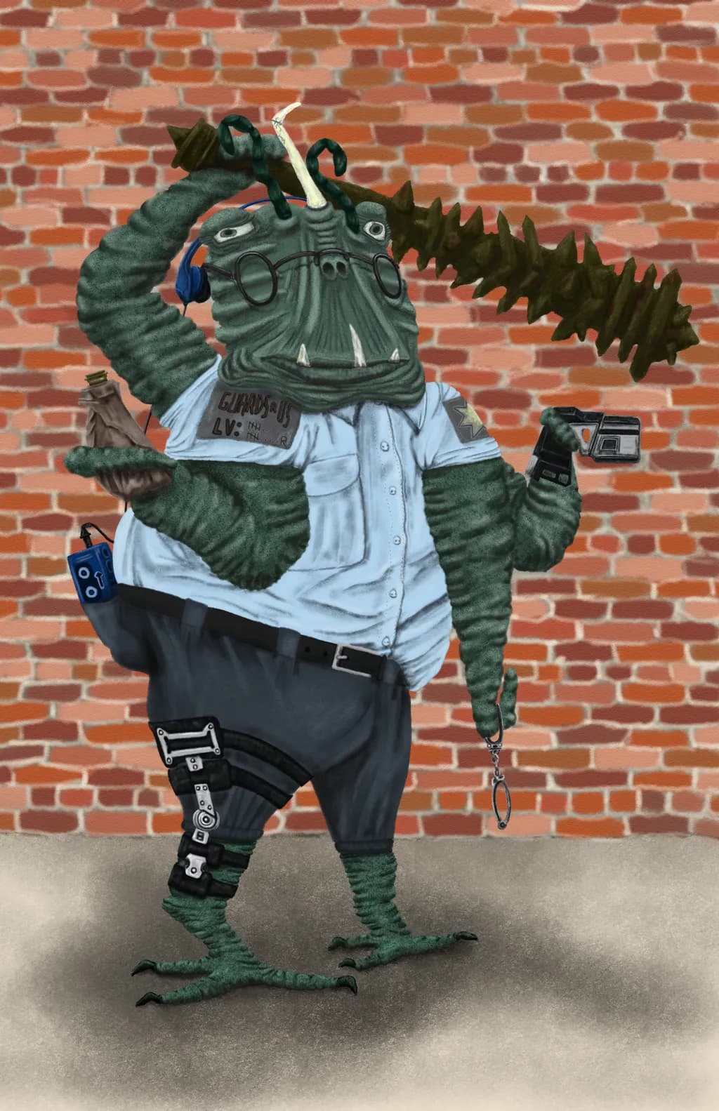 Whimsical Urban Guardian: A Playful Creature in a Cartoon World