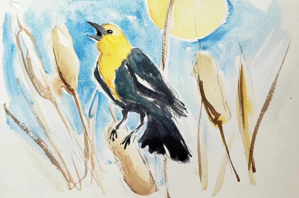 Golden Melody: A Vibrant Watercolor of a Singing Yellow Bird Amidst Reeds