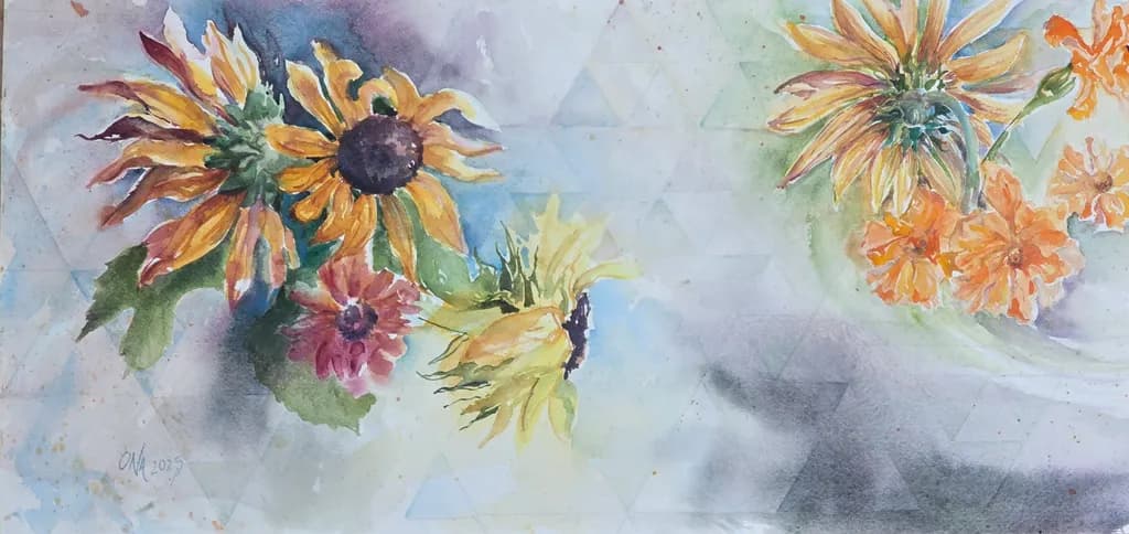 Vibrant Watercolor Blooms: A Botanical Symphony of Sunflowers and Marigolds