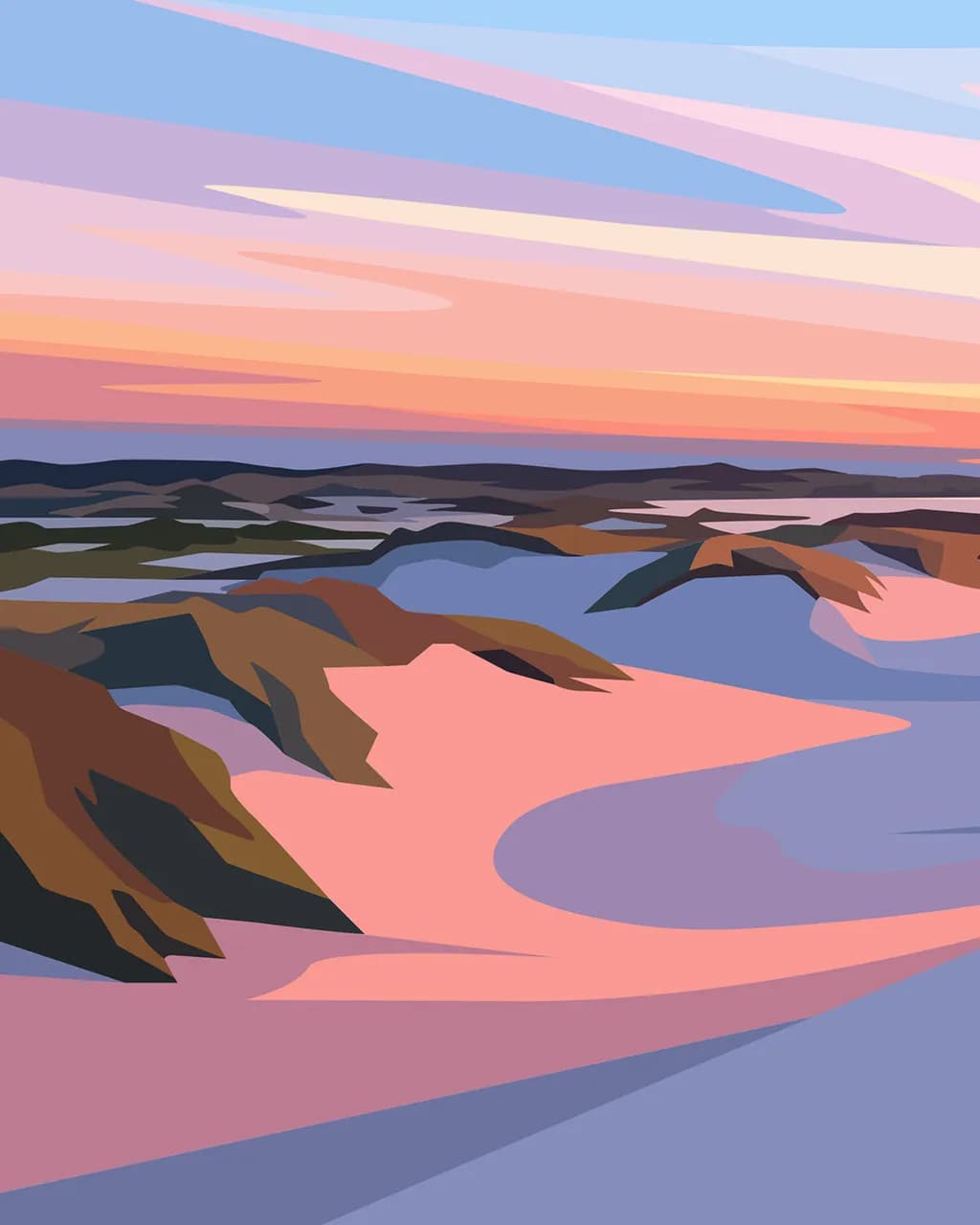 Serene Horizons: An Abstract Landscape of Colorful Terrain at Dusk