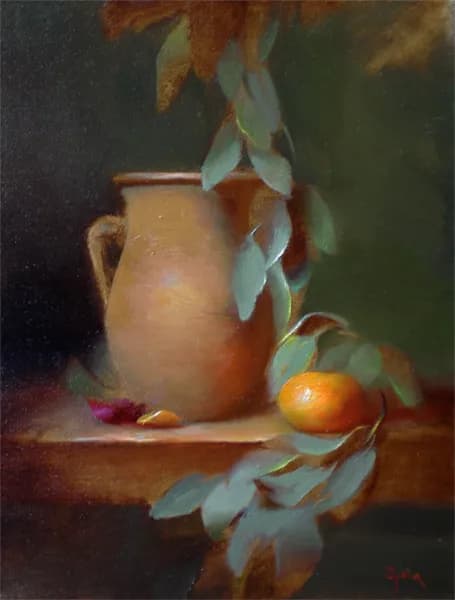 Whispers of Nature: A Serene Still Life with Clay Pot and Citrus Harmony