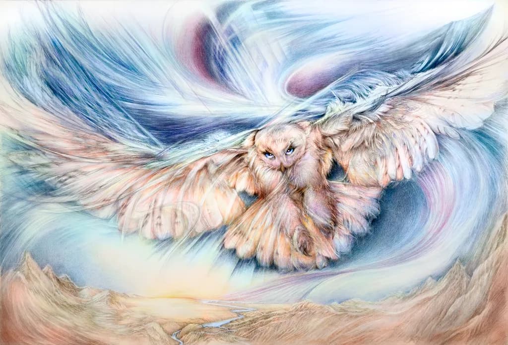 Whispers of the Celestial Owl: A Dance of Light and Color in Flight