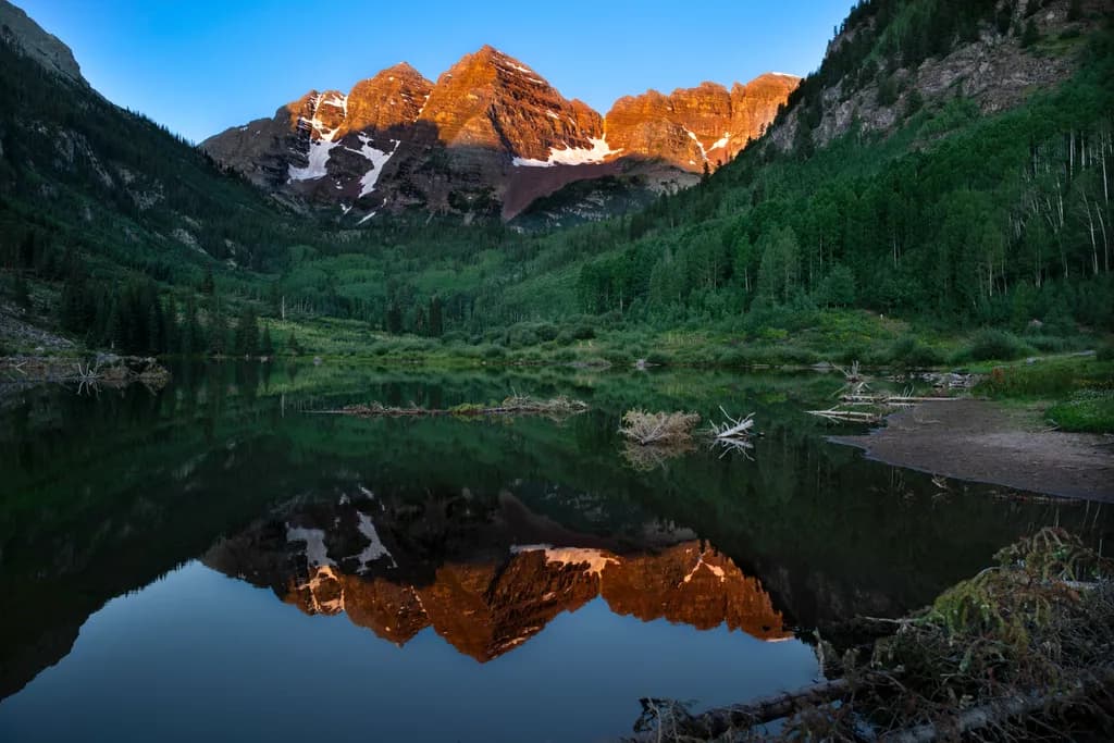 Maroon Bells Sunrise Alpenglow Reflection 2