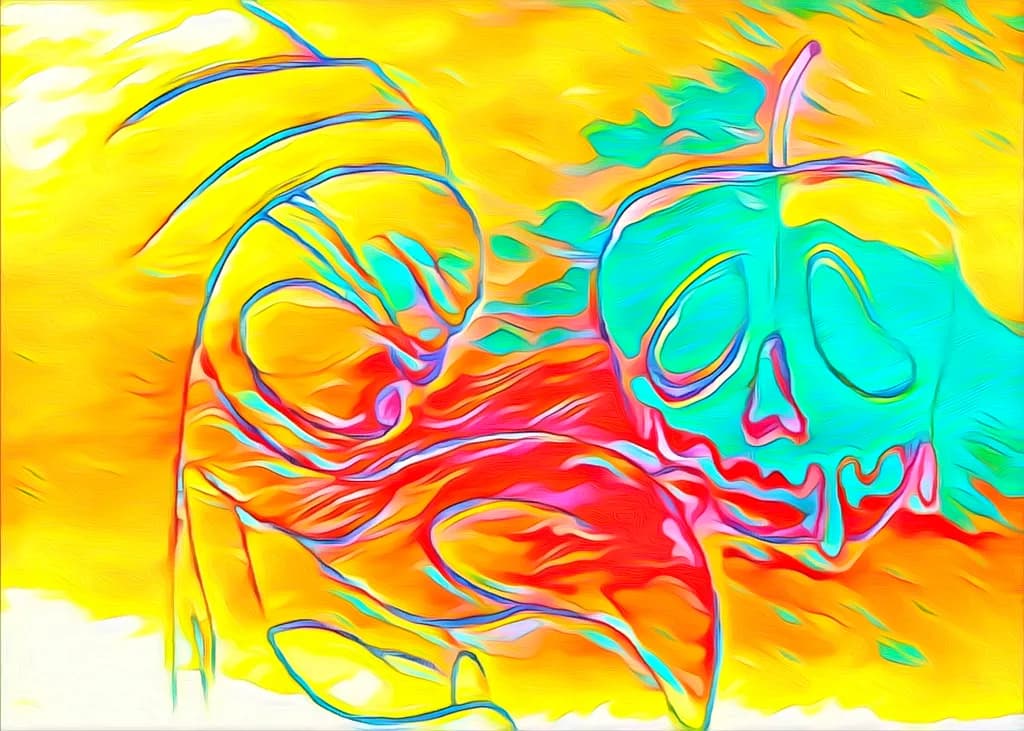 Vibrant Whimsy: A Spooky Dance of Colorful Spirits and Melancholic Pumpkins