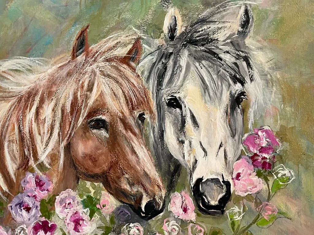 Whispers of Grace: Two Horses Amidst Blossoms