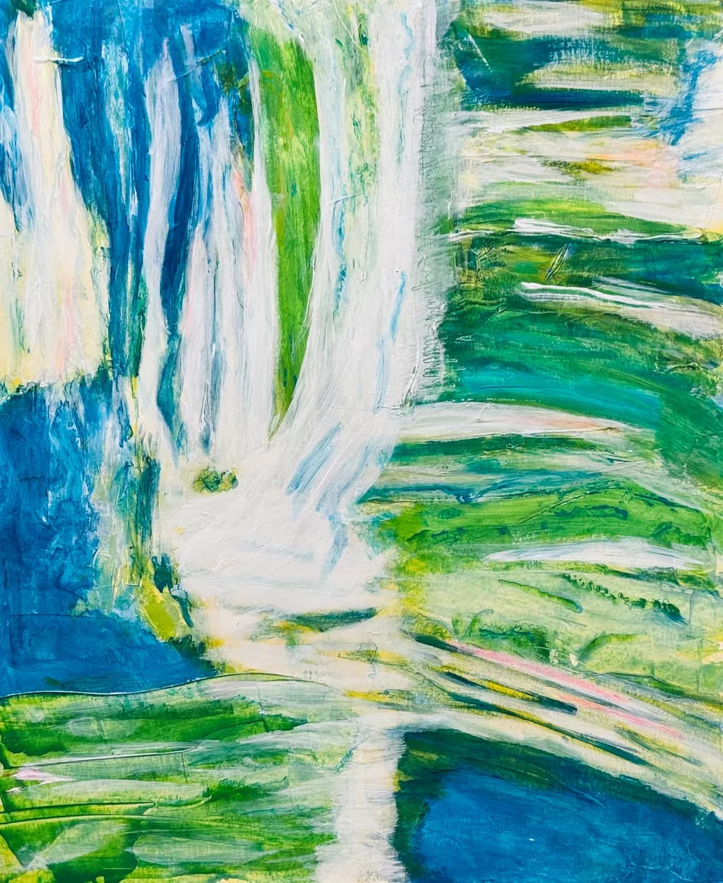 Whispers of Vermont: A Dance of Water and Greenery in Acrylics