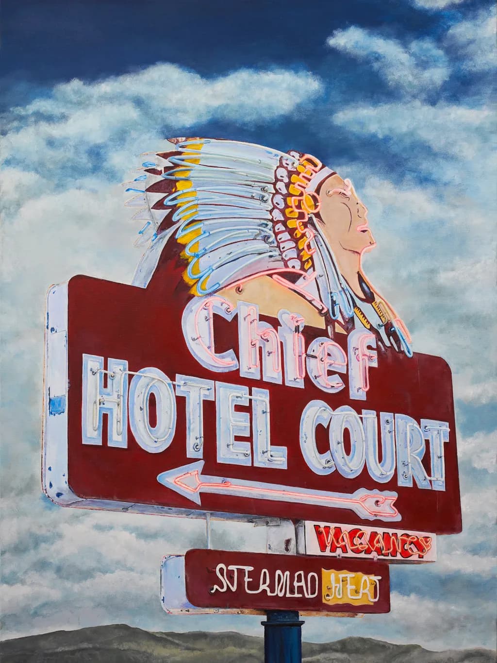 Vintage Neon Dreams: The Chief Hotel Court Sign in a Timeless Landscape