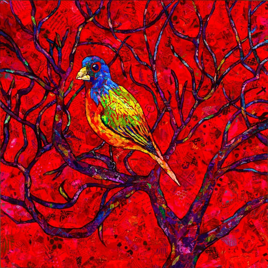 Vibrant Whispers: A Colorful Bird's Serenade Amidst Fiery Branches