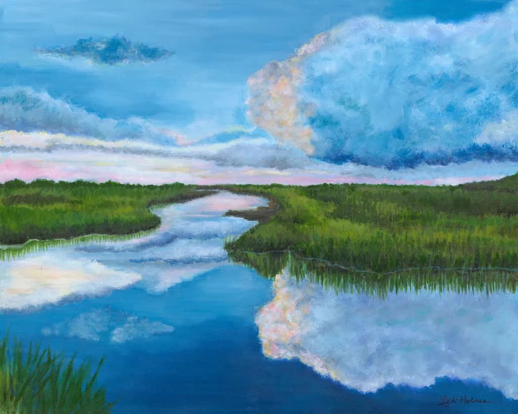 Whispers of Water: A Serene Landscape Reflection Under a Playful Sky