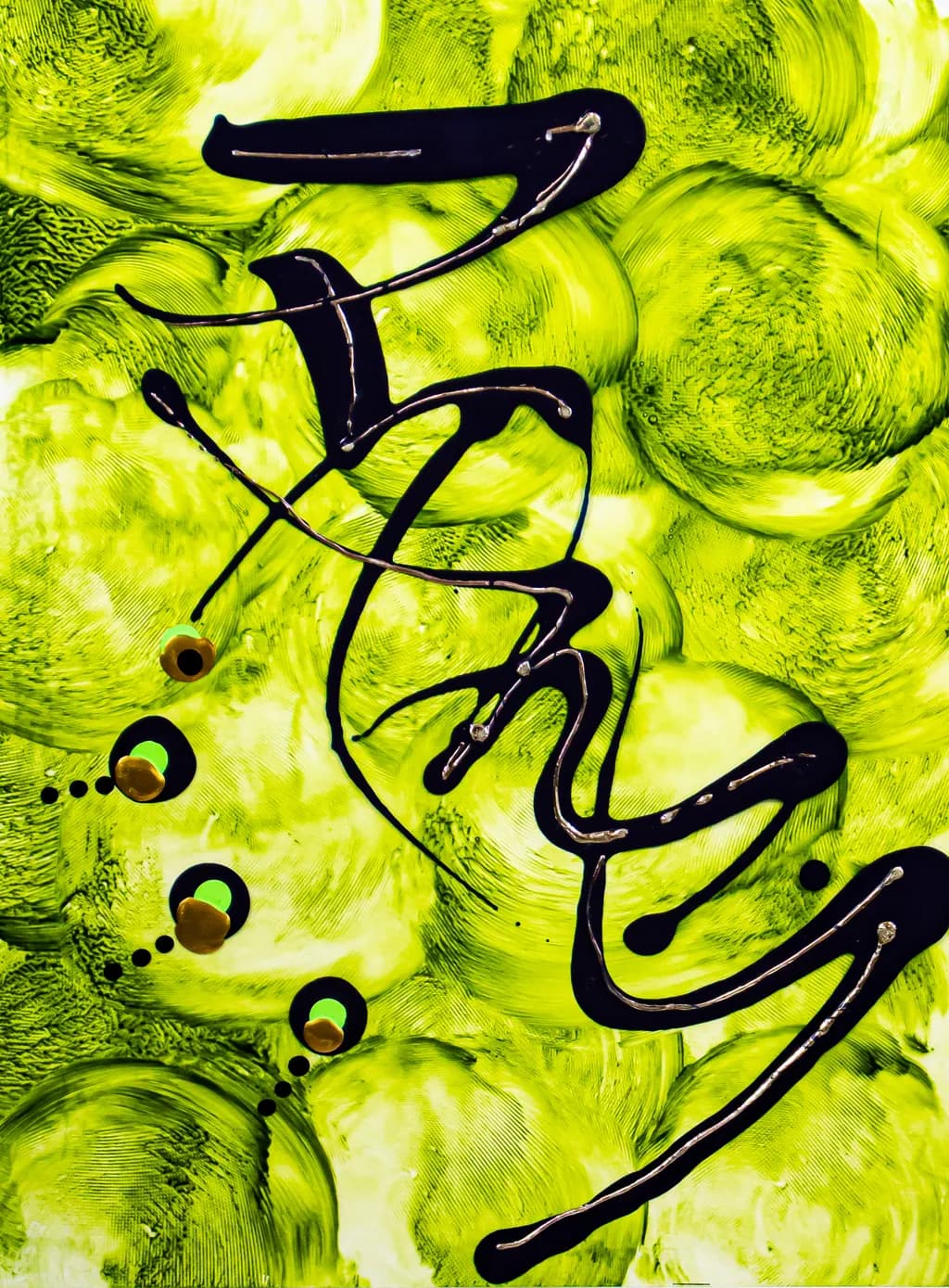 "Whimsical Whirls: A Playful Dance of Green and Black"