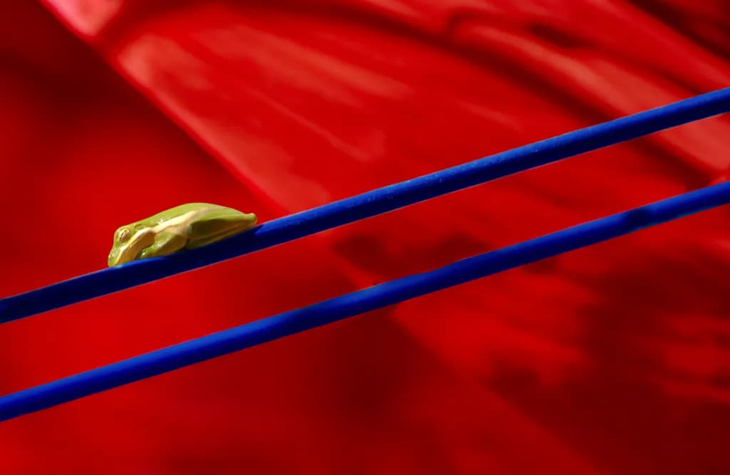 Vibrant Contrast: A Frog's Journey on Blue Lines Against a Red Canvas