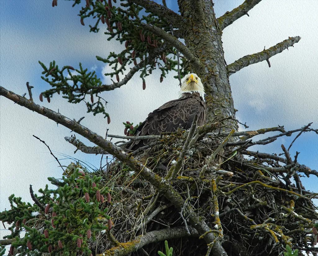 Majestic Guardian: A Bald Eagle Nestled Amongst Nature's Embrace