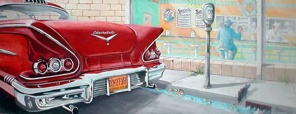 Classic Americana: A Nostalgic Glimpse of the 1950s with a Red Chevrolet and Diner Scene