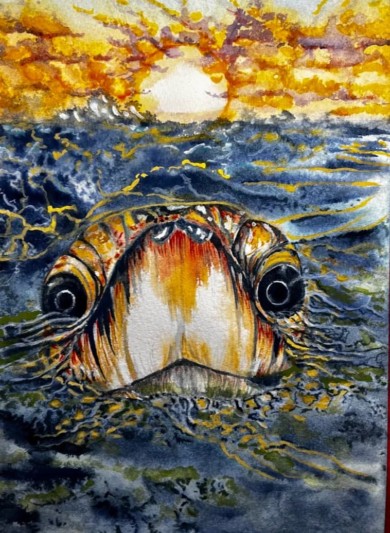 Ocean's Gaze: A Majestic Turtle Emerges at Sunset
