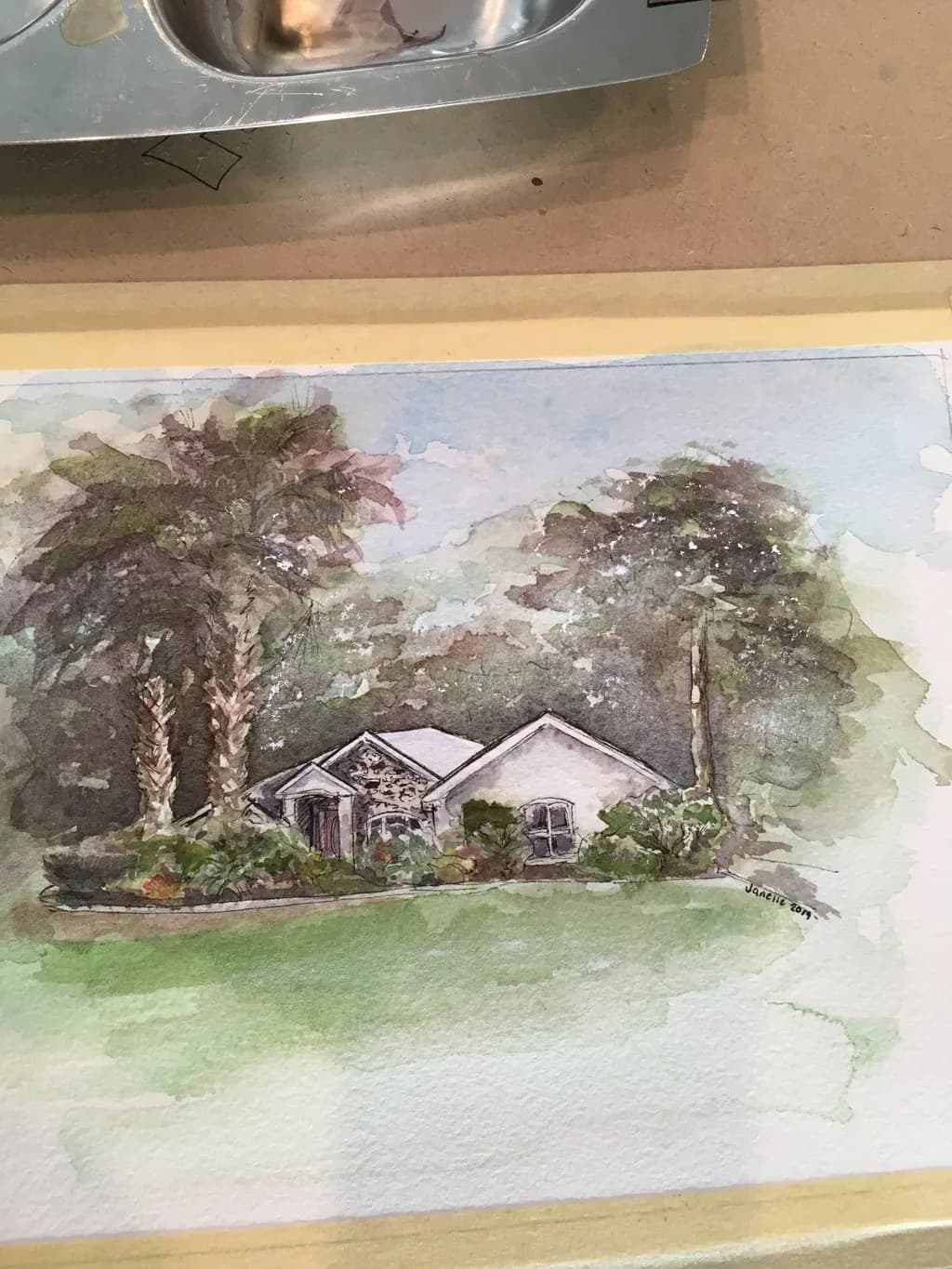 Whispers of Home: A Serene Watercolor Retreat Amidst Lush Palms