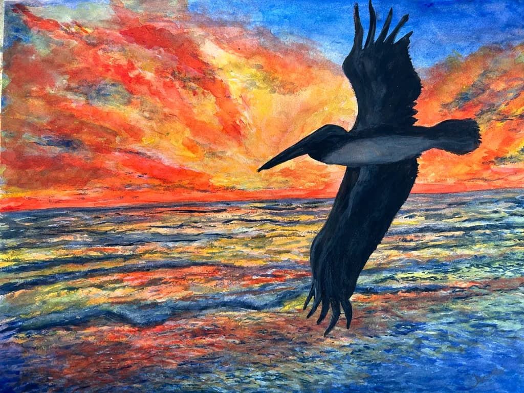 Ethereal Flight: A Pelican's Journey Through Sunset Waves