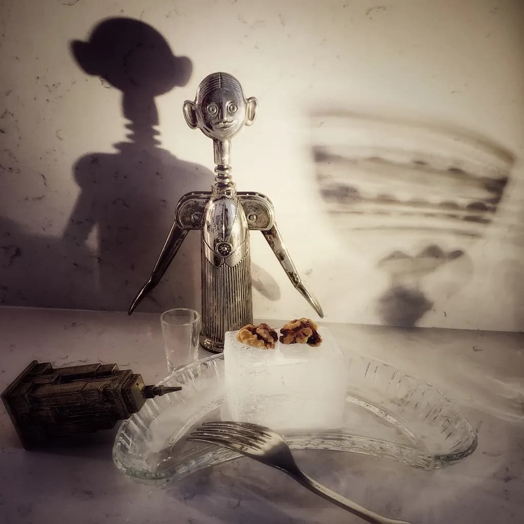 Whimsical Reflections: A Vintage Robot's Culinary Encounter