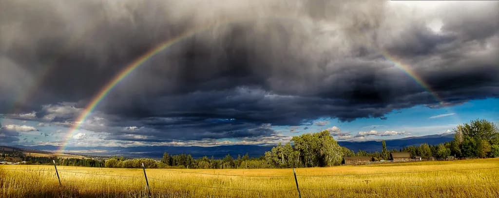 Whispers of Color: A Rainbow's Embrace Over Golden Fields and Stormy Skies